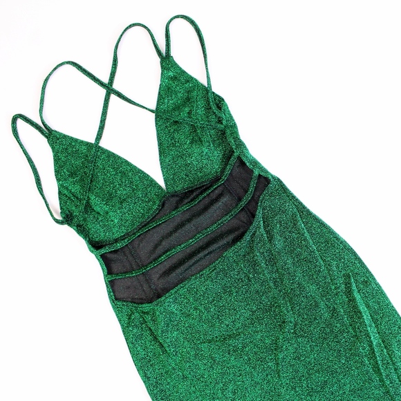 Open Back Strappy Lurex Glitter Green Mini Dress - Picture 8 of 8